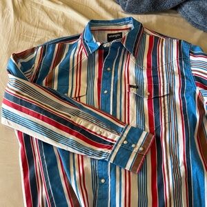 Wrangler Men's Red, Blue, and White Striped Button Down Shirt